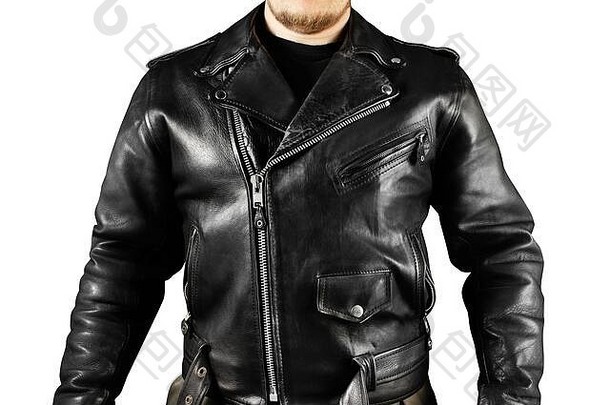 照片男人。黑色的皮革骑摩托车的人夹克躯干视图孤立的白色背景