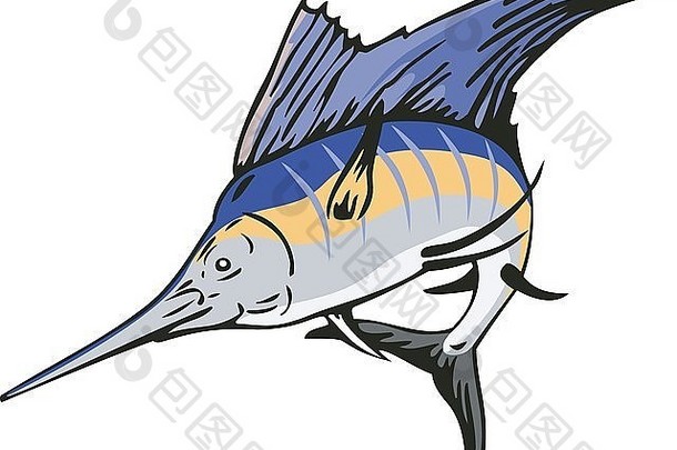以复古风格制作的旗鱼与渔船在背景中跳跃的插图。