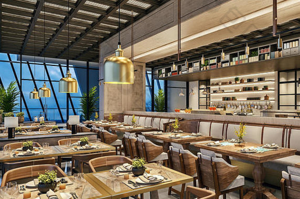 现代室内设计餐厅休息室东方阿拉伯语风格线网天花板隐藏的灯木青铜黄金颜色renderin