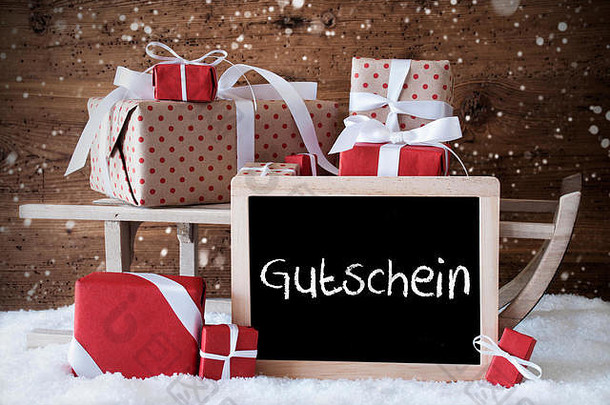 带礼物的雪橇，雪，雪花，Gutschein意味着代金券