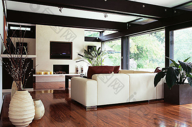 现代客厅中的大型螺旋奶油壶和奶油沙发，配有抛光木地板和黑色横梁