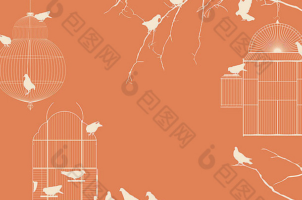 鸟类和鸟笼明信片设计