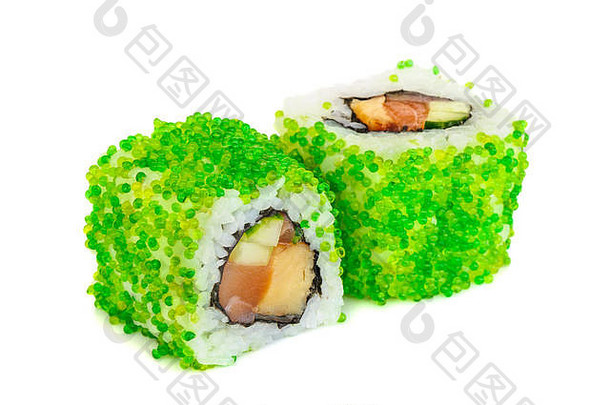 Uramaki maki寿司，两卷分开放在白面包上