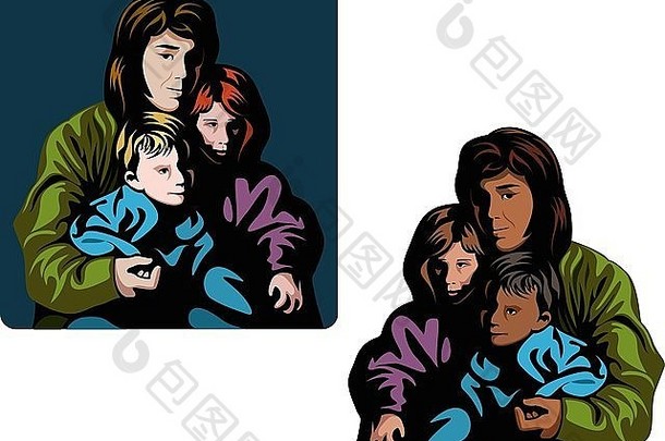 母亲和两个孩子挤在毯子里