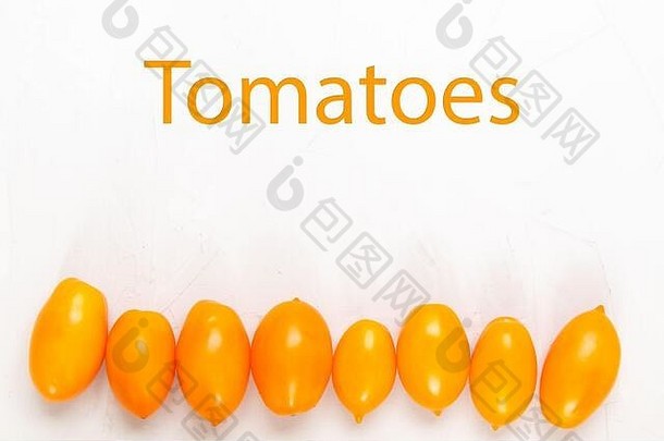 黄色的新鲜的有机西红柿模式白色背景平铺视图