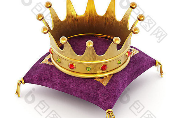 黄金皇冠紫色的枕头孤立的白色背景