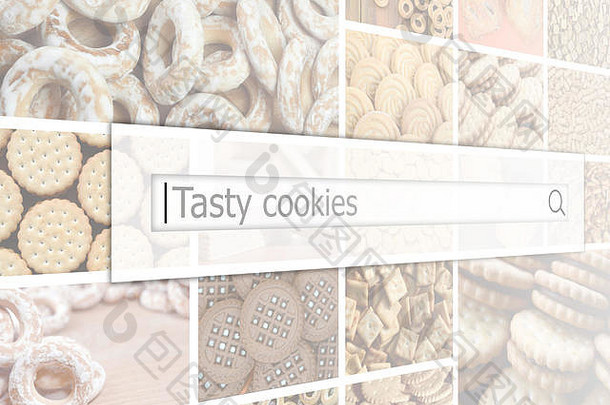 在许多图片拼贴的背景上可视化搜索栏，并使用各种糖果特写。美味的饼干