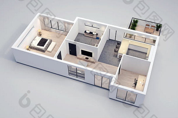 现代室内设计孤立的地板上计划白色墙蓝图公寓房子家具等角的角度来看视图呈现