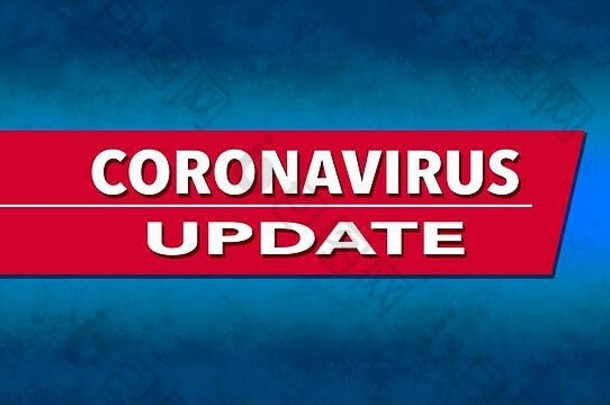 在宽屏横幅中显示红色、白色和蓝色的冠状病毒更新文本16:9