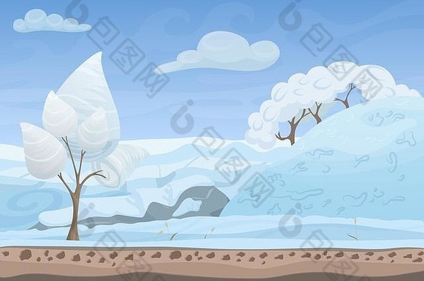 美丽的冬季游戏风格平面景观背景。圣诞森林有山有山的树林。新年贺卡