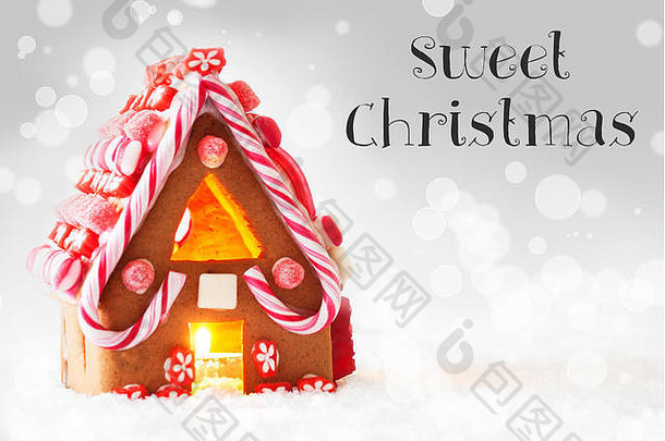 姜饼屋，银色背景，文字甜美圣诞