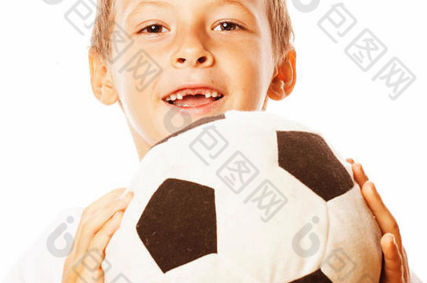 可爱的男孩玩足球球孤立的白色关闭捕捉moove