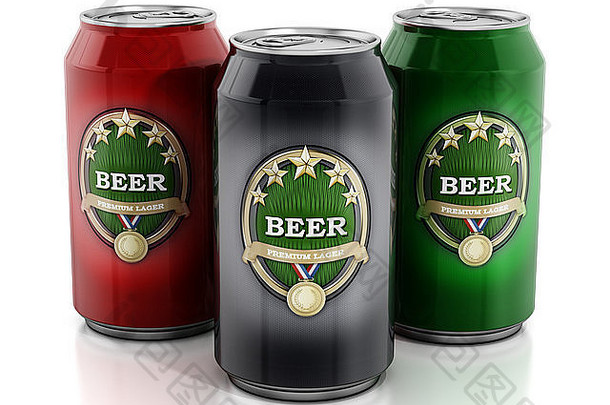 白底黑、红、绿三种颜色的啤酒罐