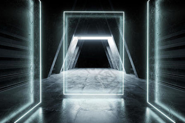 暗霓虹灯复古蓝色科幻未来三角形走廊隧道走廊入口宇宙飞船外星人垃圾混凝土空振动激光荧光灯