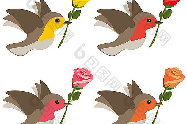 携带黄色、红色、粉色和橙色玫瑰的鸟，隔离在白色的地面上。
