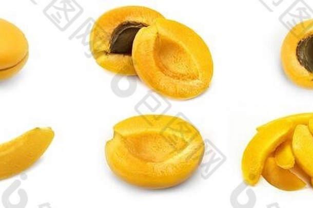 白色背景上不同侧面的杏子。杏片。微距照片。