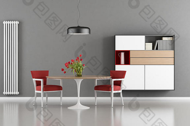 现代餐厅房间轮表格红色的椅子餐具柜墙呈现