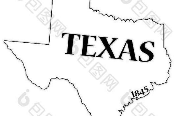 一个德克萨斯州的大纲，在白色背景上有州的日期