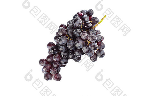 在白色背景上分离出来的一束成熟的葡萄干葡萄。黑葡萄藤。成熟的甜葡萄。空间。