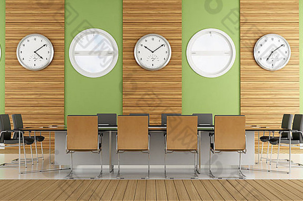 当代<strong>会议室</strong>，带绿色<strong>墙</strong>壁和木质面板-渲染