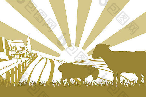 这是一幅田园诗般的起伏山峦中的农舍茅草屋的插图，两头羊站在剪影中