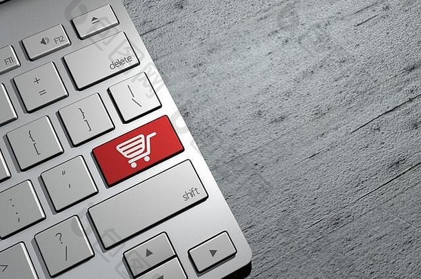 销售、网上购物、购物优惠。电脑键盘按钮。三维渲染