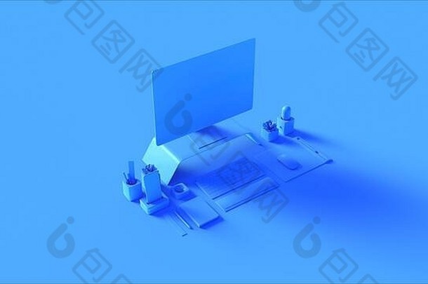 蓝色当代桌面设置3d插图3d渲染