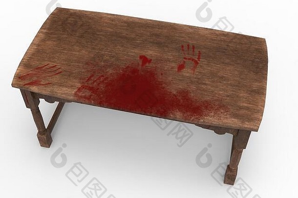 <strong>纯色背景</strong>上的木制书桌，带有手印3d插图