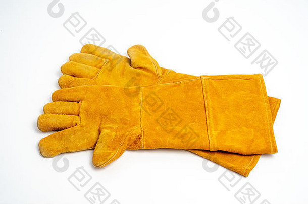 长皮革手套焊接工业火保护类型孤立的白色背景