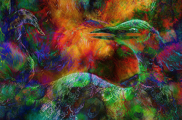 美丽的色彩斑斓的绘画辐射仙女翡翠绿色凤凰城鸟色彩斑斓的观赏幻想绘画