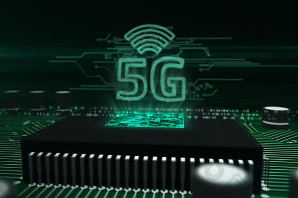 背景电路板上工作cpu上的5G全息图。5G、新技术、通信、流媒体传输和<strong>移动</strong>互联网概念3d