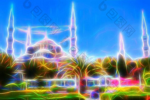 苏丹艾哈迈德清真寺超级霓虹灯剪影插图明亮