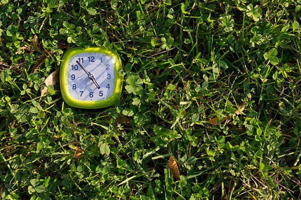草地纹理上的绿色闹钟