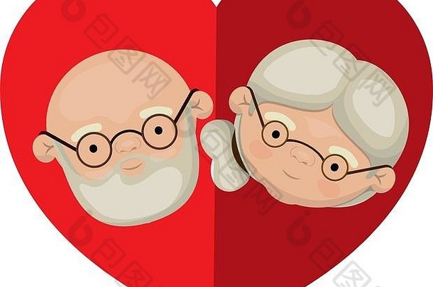白色背景，彩色心形贺卡，漫画般的脸，秃顶的祖父留着胡子，祖母留着侧边的卷发