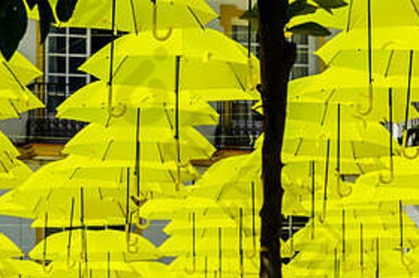 彩色雨伞城市街道装饰。蓝天上挂着五颜六色的雨伞，旅游胜地，阳光明媚的日子
