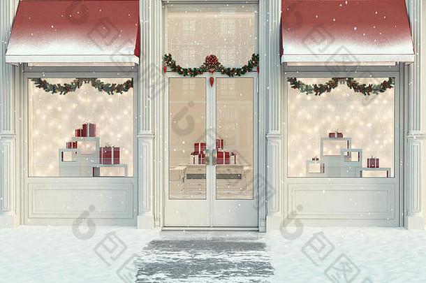 圣诞节装饰了一家商店，里面有礼物和灯笼。三维渲染