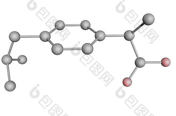 带有红色氧原子的布洛芬分子的3D插图。未显示氢原子。