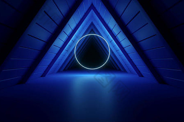 三角形屋顶走廊隧道霓虹灯圆形浅蓝色光滑纹理暗夜舞台展示科幻未来主义木材3D渲染插图
