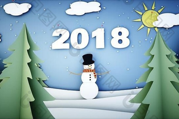 雪人纸背景。2018年新年快乐，圣诞快乐。下雪。三维渲染。