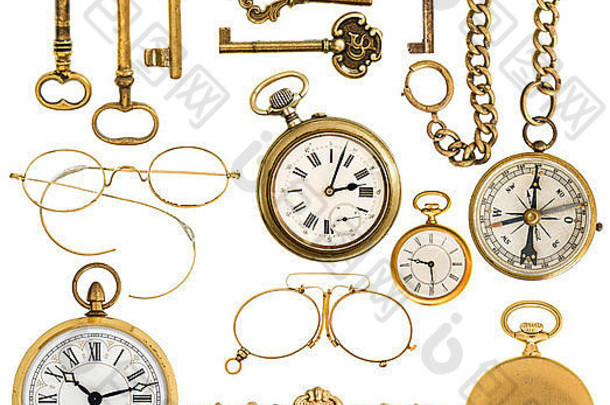 金色复古配饰系列。古董钥匙、时钟、指南针、在白色背景上隔离的眼镜