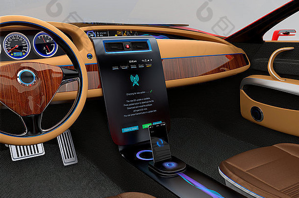 电动汽车控制台。用户使用触摸屏控制系统。原创设计。