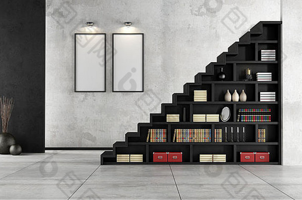 极简主义生活房间木楼梯书柜呈现