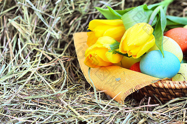 干草上一篮彩色复活节彩蛋和郁金香