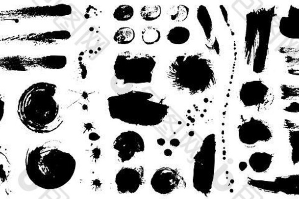 为您的设计在白色背景上隔离的一套黑色墨水手绘画笔集合。肮脏的艺术笔触元素。黑色标签，背景