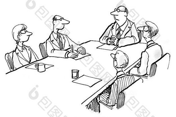 展示五位商务人士参加会议的商业插图。