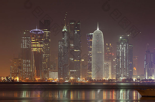 多哈回合谈判天际线晚上卡塔尔中间东