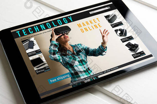 在线购物：在线商店，在平板电脑屏幕上销售虚拟现实产品和技术。