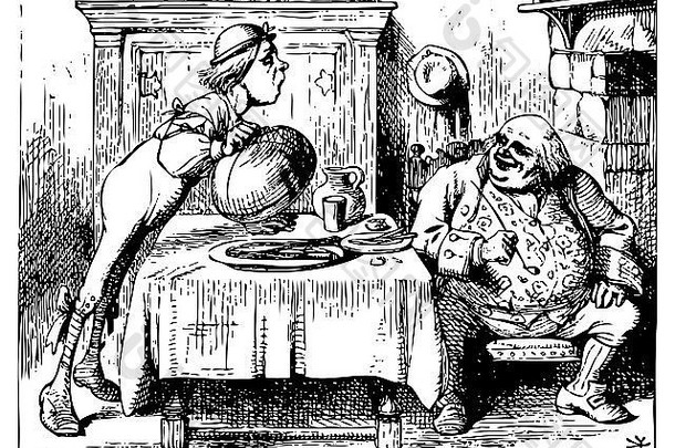 爱丽丝梦游仙境老版画。威廉神父在家吃饭爱丽丝梦游仙境历险记。