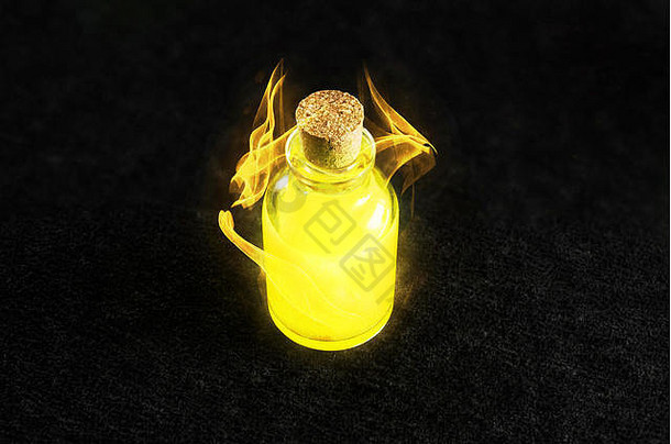金色神奇液体概念。游戏动力药剂。治疗和法力药剂。充满活力的液体，周围有魔法咒语。在黑暗的背景下孤立。