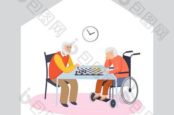 上了年纪的人高级人首页玩国际象棋聊天电脑孙子阅读书工作学习语言